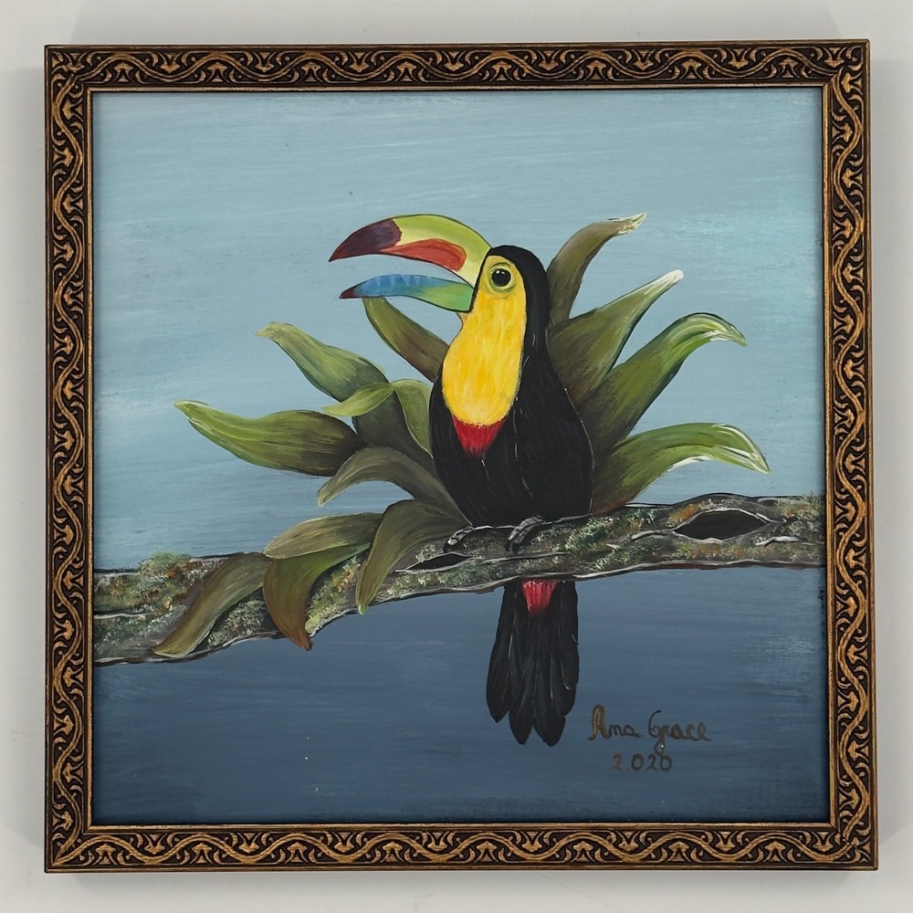 Original Toucan Painting on Canvas Tropical Bird Gilt Frame